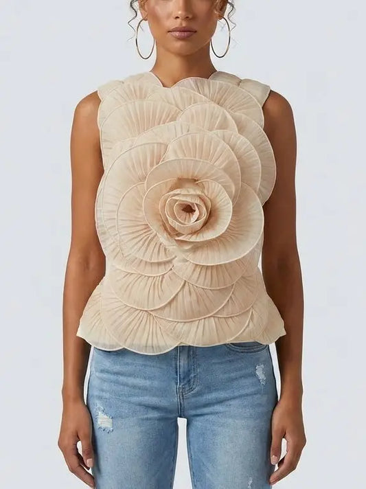 Oversized Floral Appliqué Sleeveless Top - S - Tops