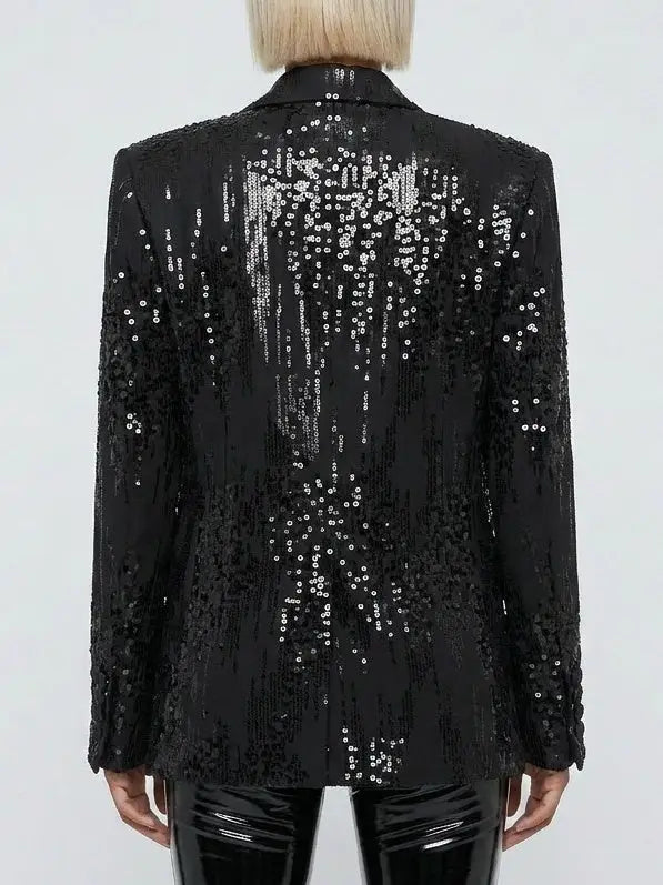 Oversized Black Sequin Single Breasted Blazer - Jackets