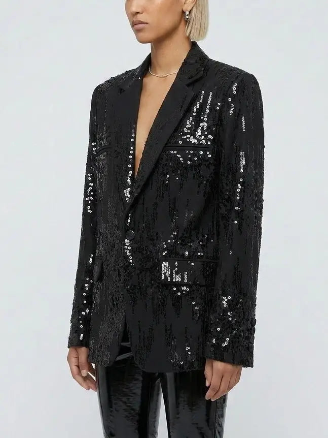 Oversized Black Sequin Single Breasted Blazer - Jackets