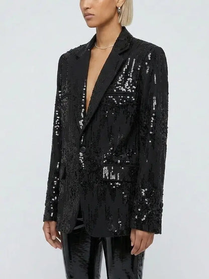 Oversized Black Sequin Single Breasted Blazer - Jackets