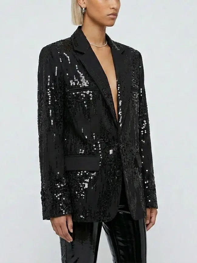 Oversized Black Sequin Single Breasted Blazer - Jackets