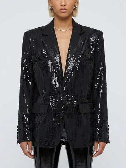 Oversized Black Sequin Single Breasted Blazer - Medium - Jackets