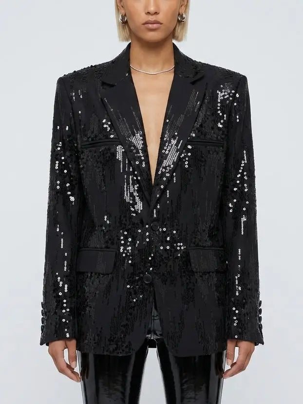 Oversized Black Sequin Single Breasted Blazer - Jackets