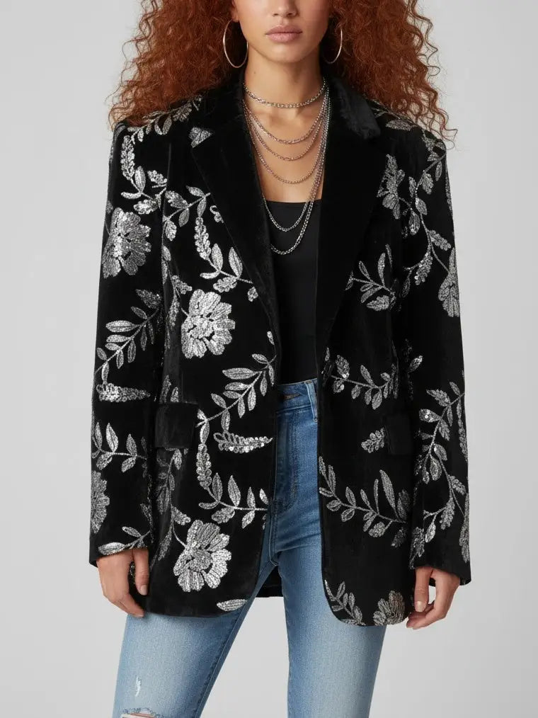 Oversized Black Velvet Sequin-Embroidered Jacket - Jackets