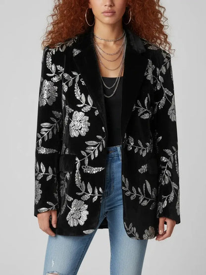 Oversized Black Velvet Sequin-Embroidered Jacket - Jackets