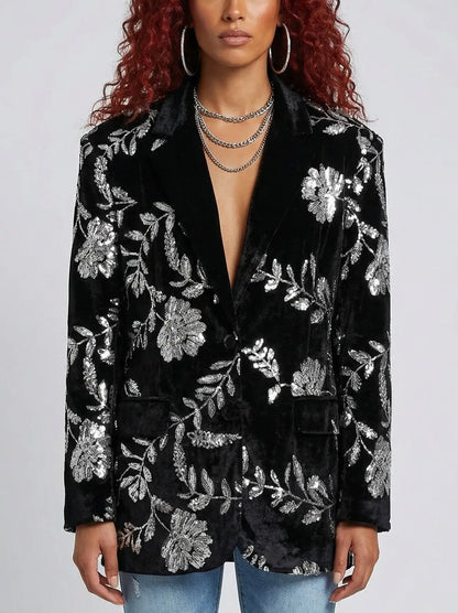 Oversized Black Velvet Sequin-Embroidered Jacket - Jackets