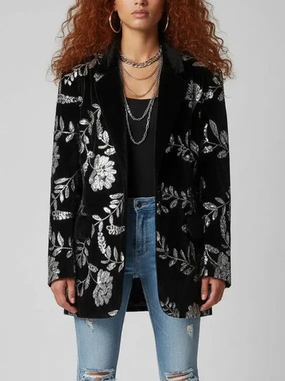 Oversized Black Velvet Sequin-Embroidered Jacket - Jackets