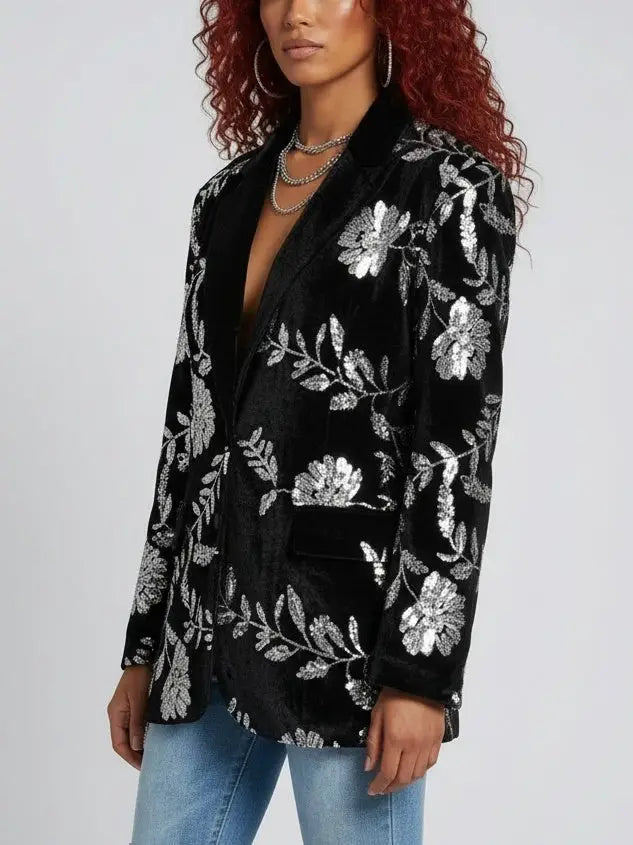 Oversized Black Velvet Sequin-Embroidered Jacket - Jackets