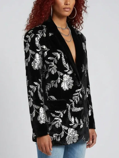 Oversized Black Velvet Sequin-Embroidered Jacket - Jackets