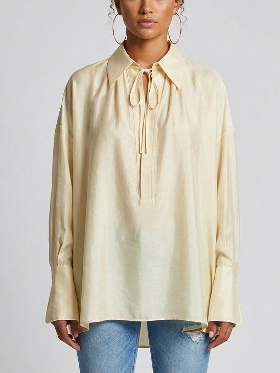 Oversized Blouse with Tie Neck Detail - Tops