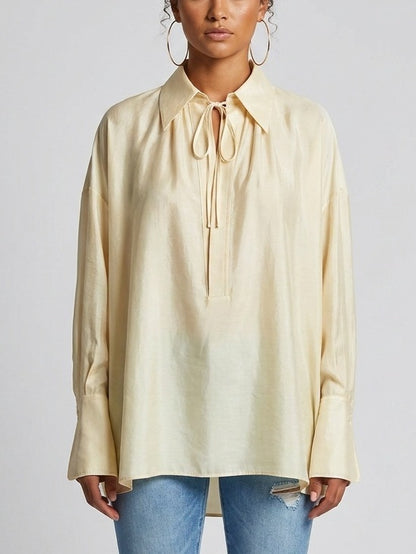 Oversized Blouse with Tie Neck Detail - Tops
