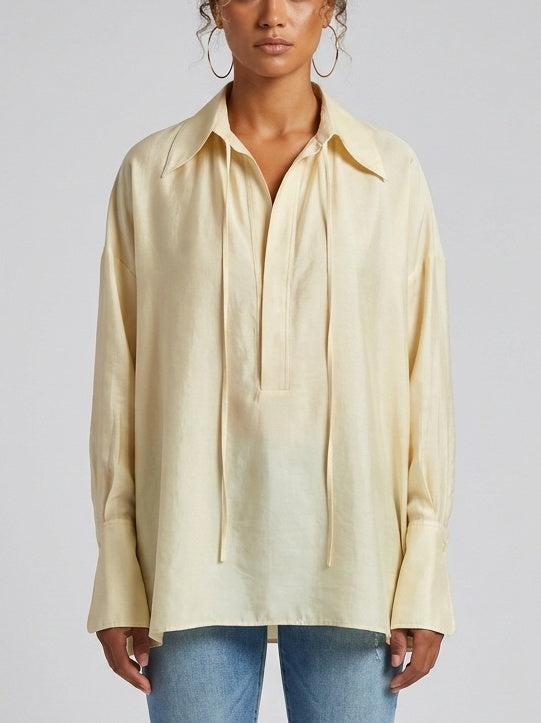 Oversized Blouse with Tie Neck Detail - Small / Pale Yellow - Tops