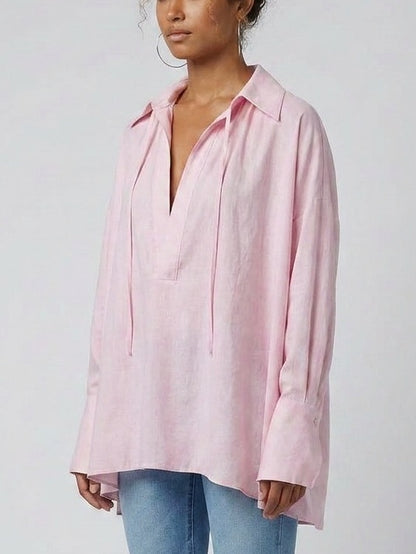 Oversized Blouse with Tie Neck Detail - Tops