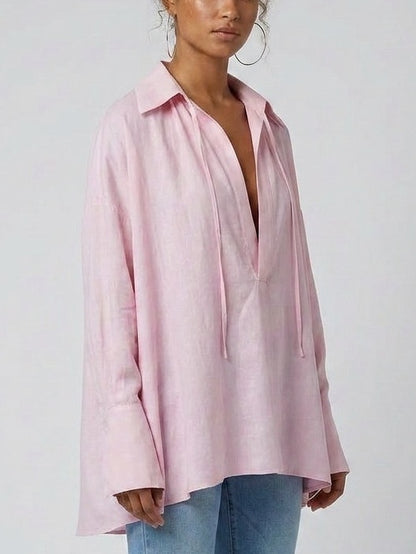 Oversized Blouse with Tie Neck Detail - Tops