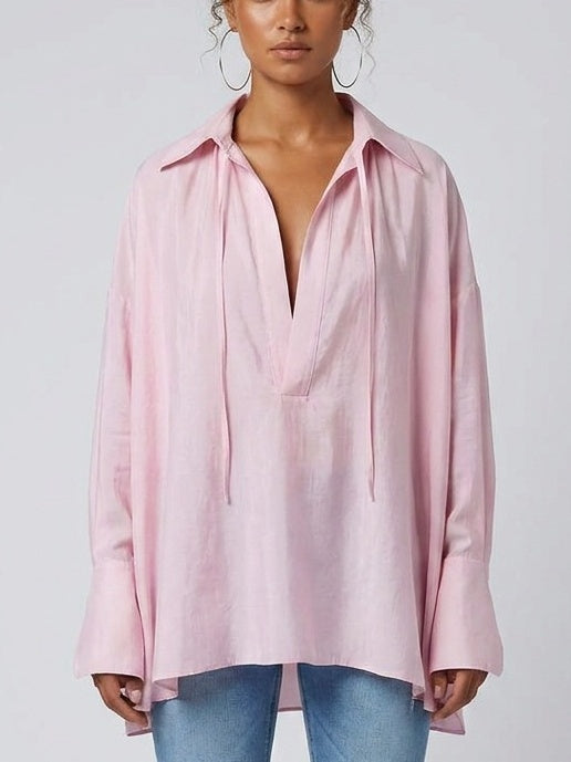 Oversized Blouse with Tie Neck Detail - Tops