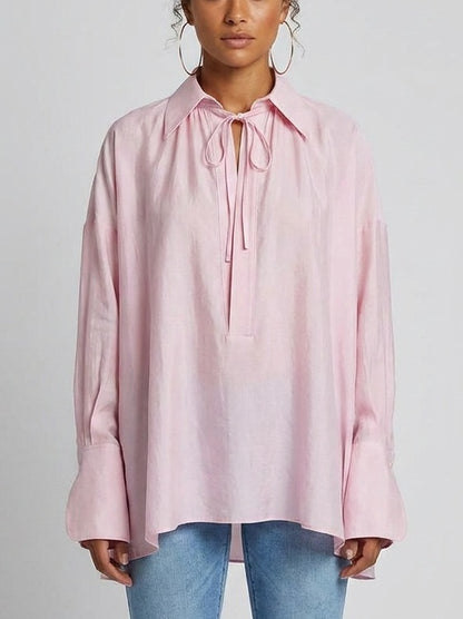 Oversized Blouse with Tie Neck Detail - Tops
