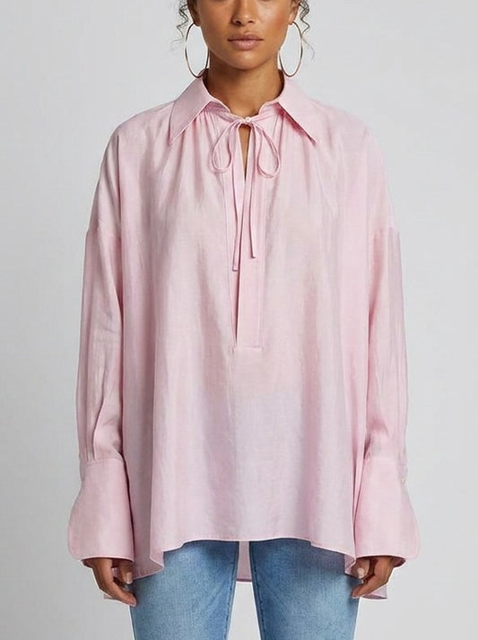 Oversized Blouse with Tie Neck Detail - Tops