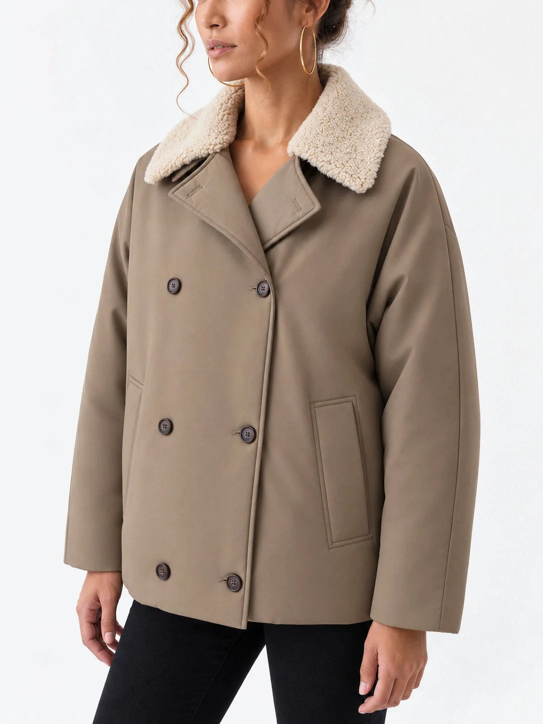 Oversized Down Jacket with Detachable Lamb Fur Collar - Jackets