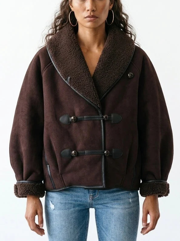 Oversized Faux Suede Jacket with Shearling Trim and Lining - Jackets