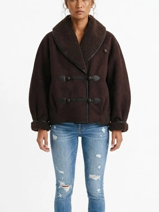 Oversized Faux Suede Jacket with Shearling Trim and Lining - Jackets