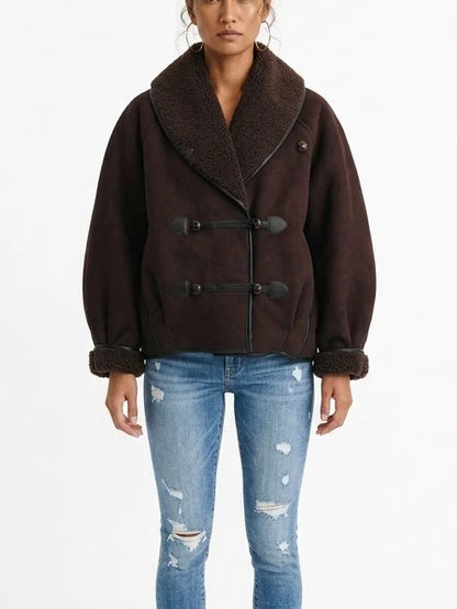 Oversized Faux Suede Jacket with Shearling Trim and Lining - Jackets