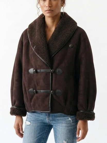 Oversized Faux Suede Jacket with Shearling Trim and Lining - Jackets