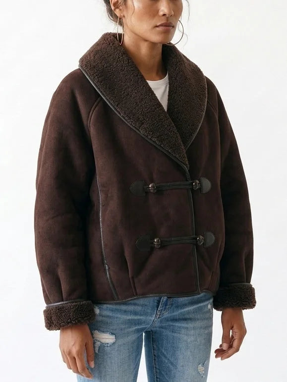 Oversized Faux Suede Jacket with Shearling Trim and Lining - Jackets