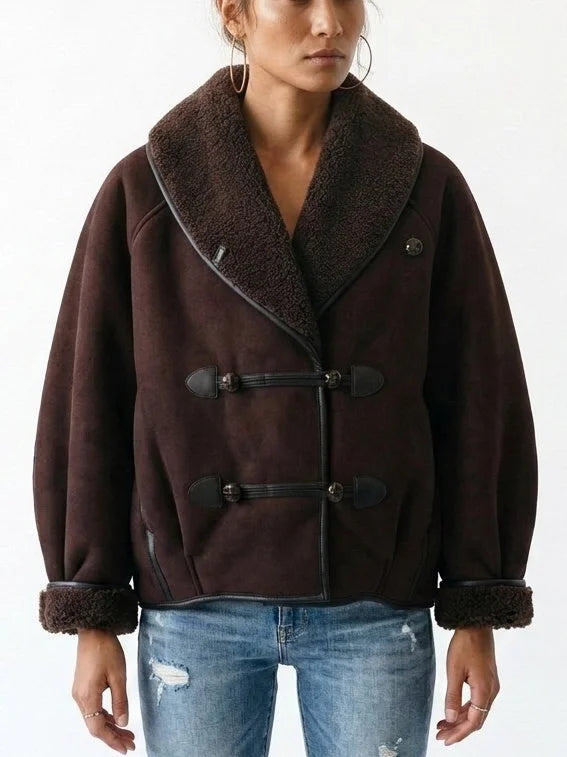 Oversized Faux Suede Jacket with Shearling Trim and Lining - Jackets