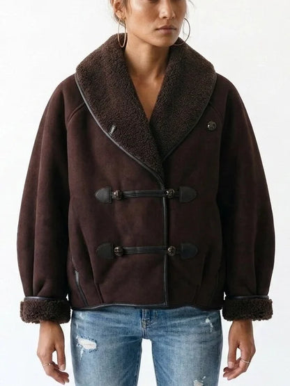 Oversized Faux Suede Jacket with Shearling Trim and Lining - Jackets