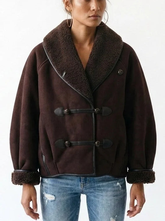 Oversized Faux Suede Jacket with Shearling Trim and Lining - Jackets