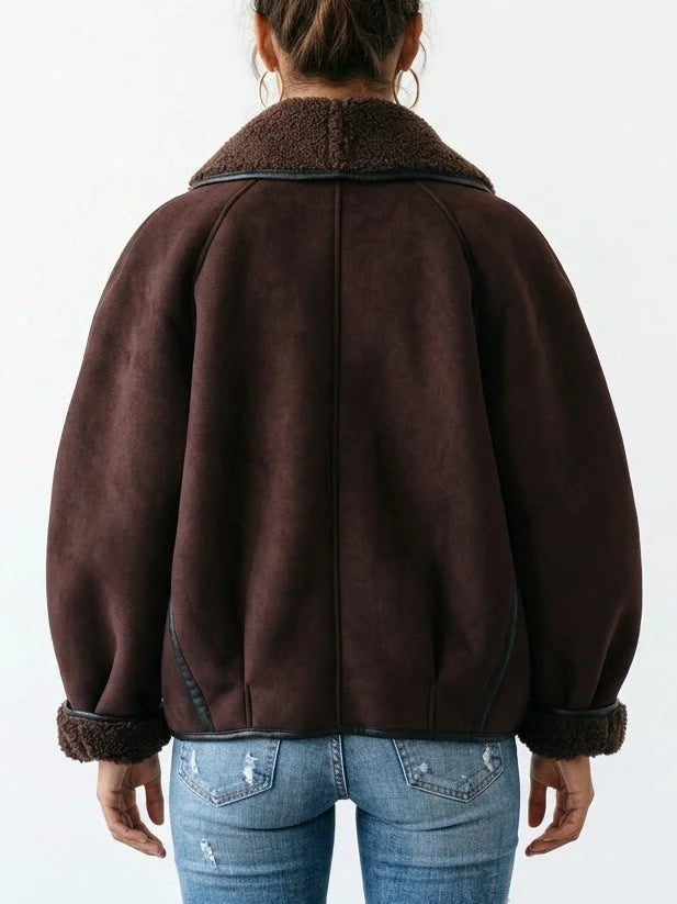 Oversized Faux Suede Jacket with Shearling Trim and Lining - Jackets