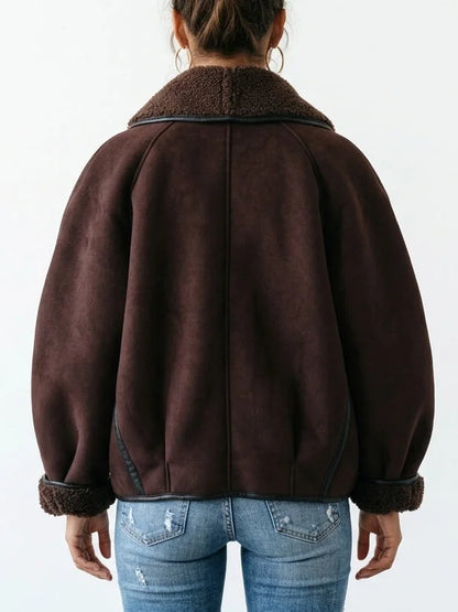 Oversized Faux Suede Jacket with Shearling Trim and Lining - Jackets