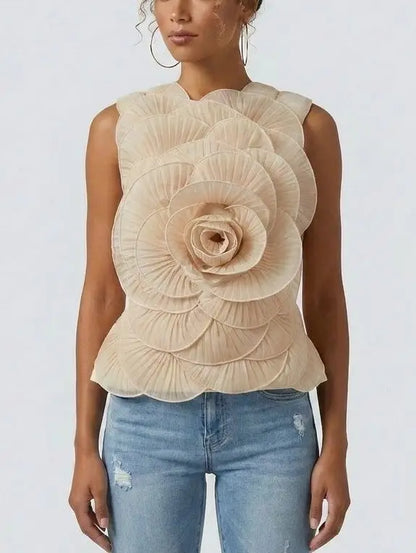 Oversized Floral Appliqué Sleeveless Top - Tops