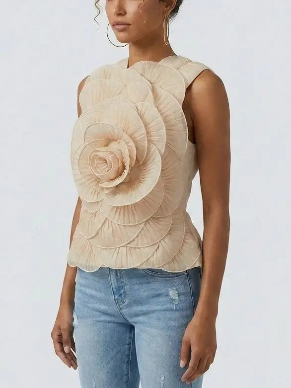 Oversized Floral Appliqué Sleeveless Top - Tops