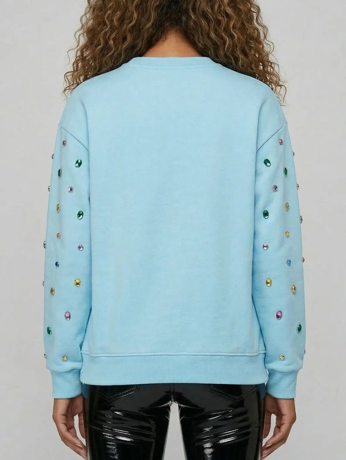 Oversized Sky Blue Jewel-Embellished Baroque Sweatshirt - Tops