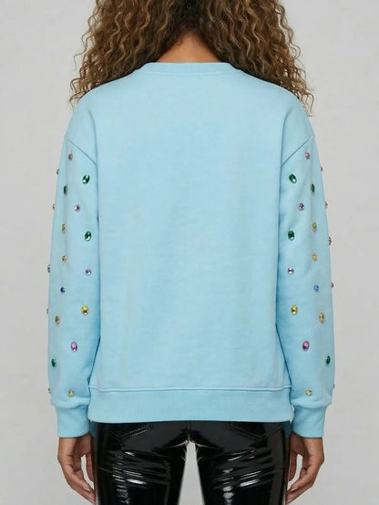 Oversized Sky Blue Jewel-Embellished Baroque Sweatshirt - Tops