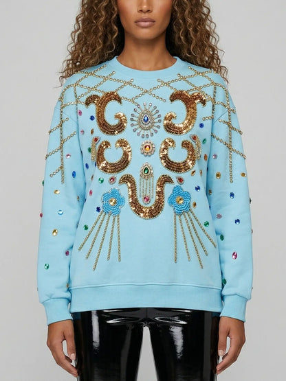 Oversized Sky Blue Jewel-Embellished Baroque Sweatshirt - Tops