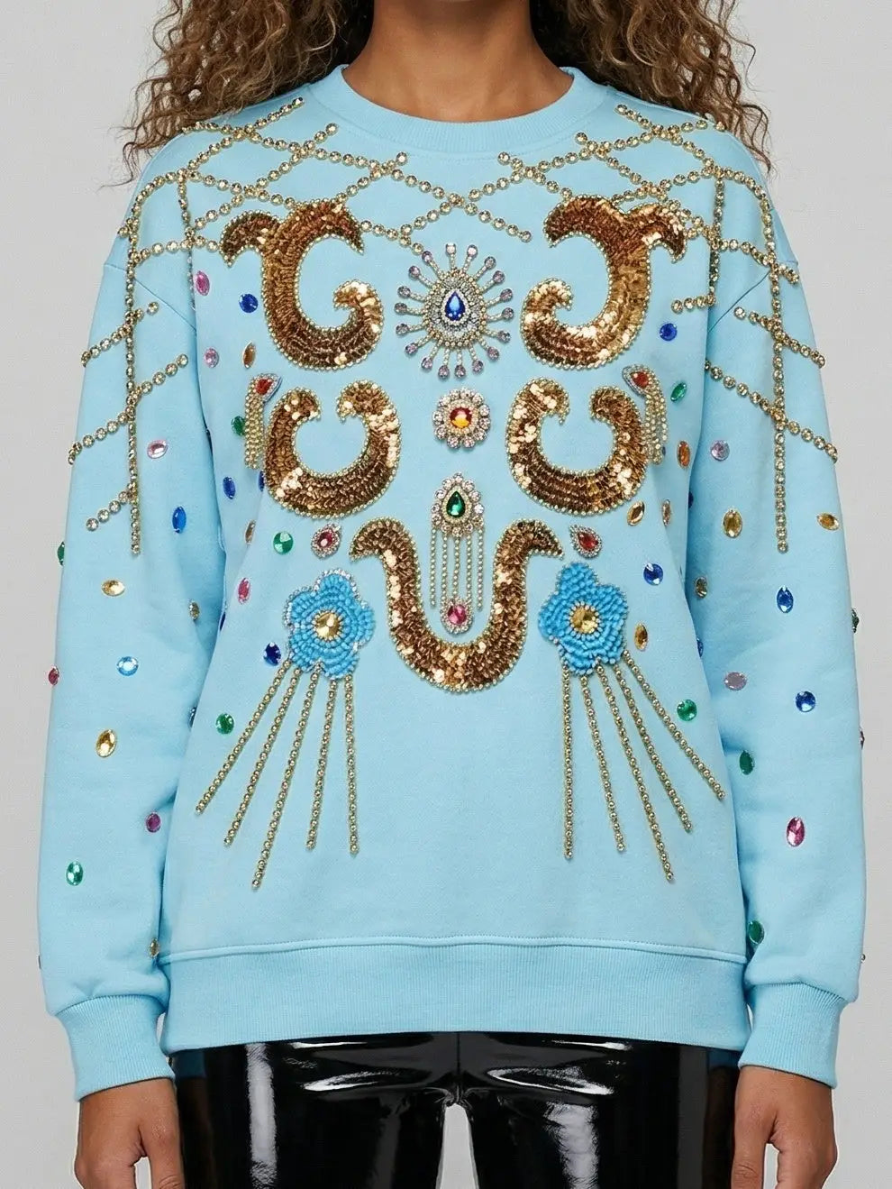 Oversized Sky Blue Jewel-Embellished Baroque Sweatshirt - Tops