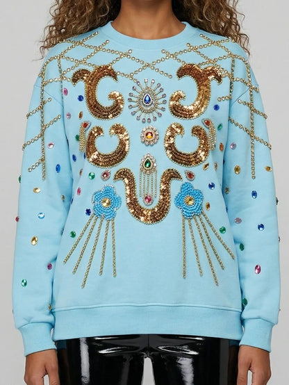Oversized Sky Blue Jewel-Embellished Baroque Sweatshirt - Tops