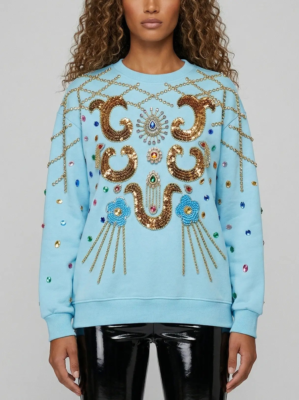 Oversized Sky Blue Jewel-Embellished Baroque Sweatshirt - S - Tops