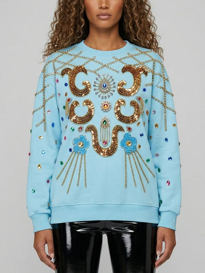 Oversized Sky Blue Jewel-Embellished Baroque Sweatshirt - S - Tops