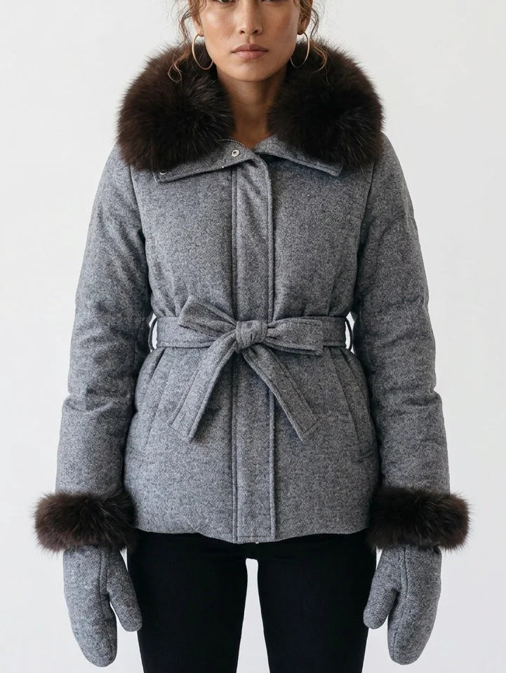 Padded Grey Cashmere Jacket with Fur Trim - S - Jackets