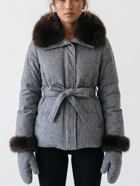 Padded Grey Cashmere Jacket with Fur Trim - S - Jackets