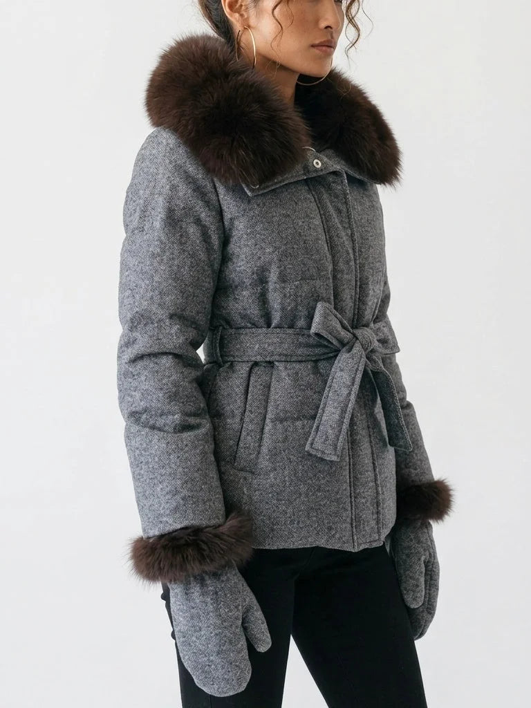 Padded Grey Cashmere Jacket with Fur Trim - Jackets