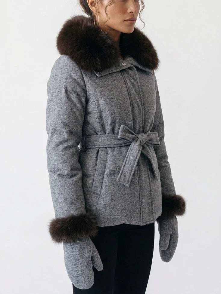 Padded Grey Cashmere Jacket with Fur Trim - Jackets