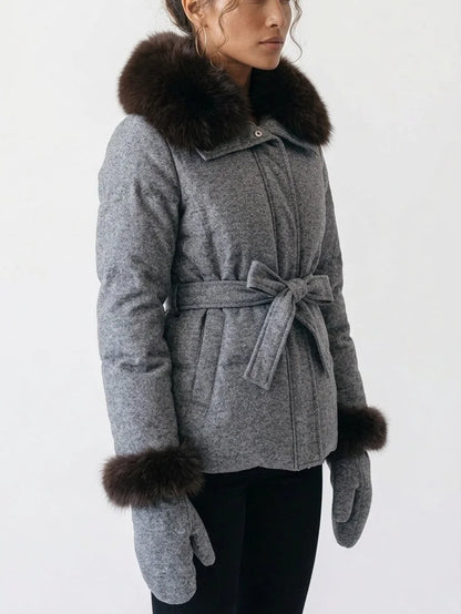 Padded Grey Cashmere Jacket with Fur Trim - Jackets