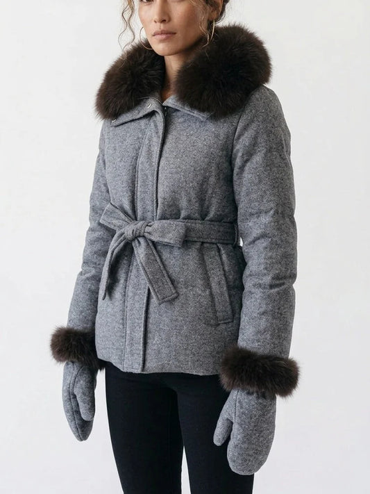 Padded Grey Cashmere Jacket with Fur Trim - Jackets