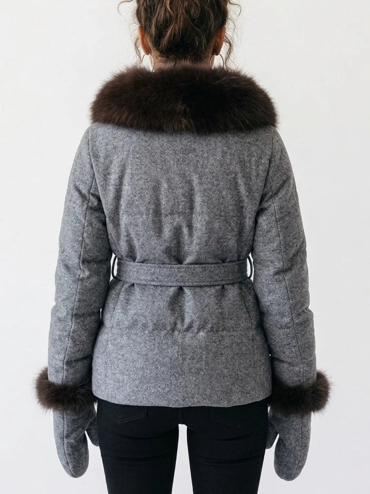 Padded Grey Cashmere Jacket with Fur Trim - Jackets