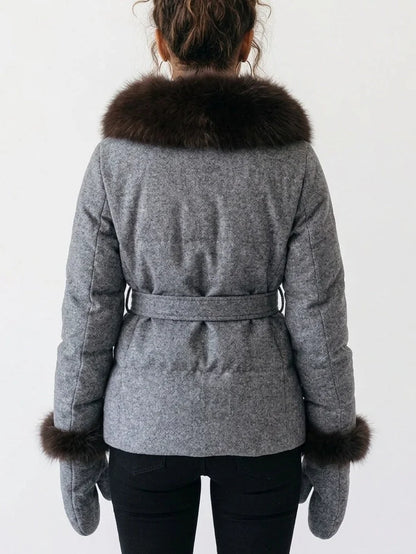 Padded Grey Cashmere Jacket with Fur Trim - Jackets