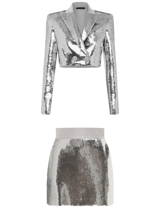 Pagett Silver Sequin Cropped Blazer and Skirt Set - Branna Couture